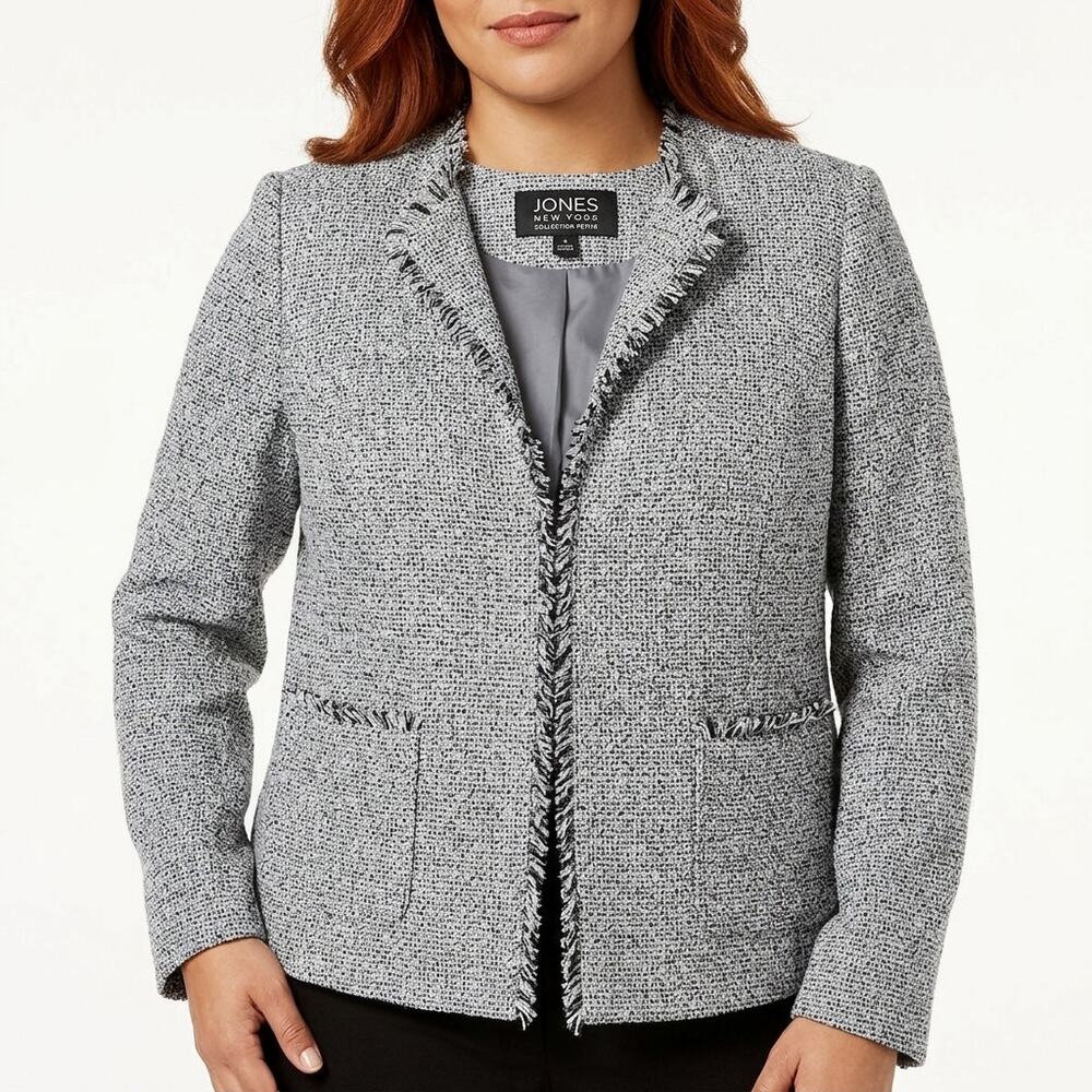 Jones New York Gray Textured Tweed Fringe Lined Jacket Women Size 8P